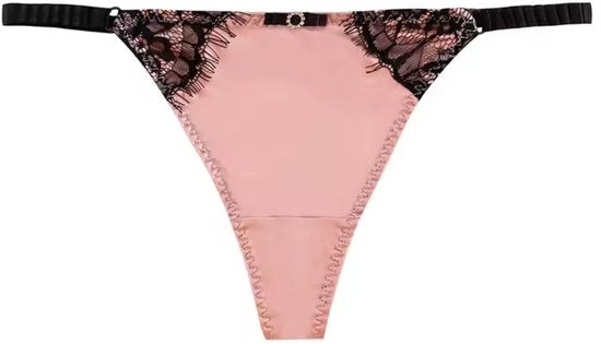 Satijnen Dames String – Licht Roze - Glanzend Satijn & Zacht Kant – Zwart Kant - Sexy Lingerie Voor Vrouwen - Comfortabel Ondergoed  - Slips / Onderbroeken - One Size