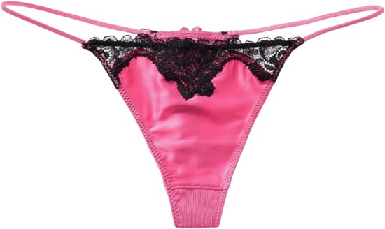 Sexy Dames String – Fel Roze - Satijn &  Zwart Kant - Dunne Bandjes – Lingerie Voor Vrouwen - Comfortabel Ondergoed - Slip / Onderbroek - Maat M