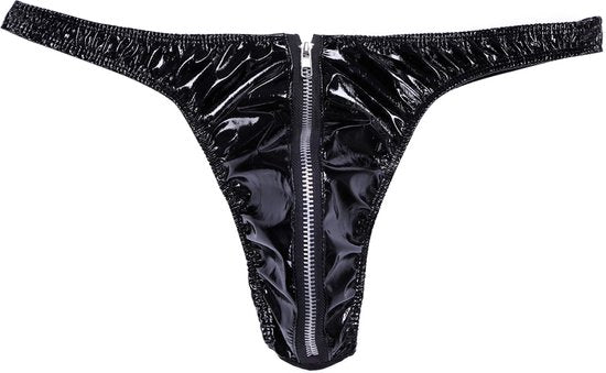 Heren Slip met Rits - Latex Look - String Zwart - Sexy Design - Mannen String - Ondergoed Maat L