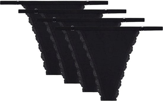 4 Pack - Sexy Zwarte Dames String - Katoen Ondergoed - Kant & Smalle Bandjes - Dames Lingerie / Onderbroek / Slip Set Zwart - Maat L