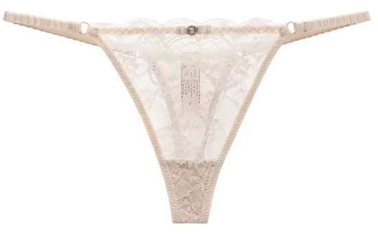 Sexy Kanten String – Beige - Lingerie met Kant, Strikje en Steentje – Verleidelijk en Comfortabel Dames Ondergoed - Slip / Onderbroek Voor Vrouwen - One Size