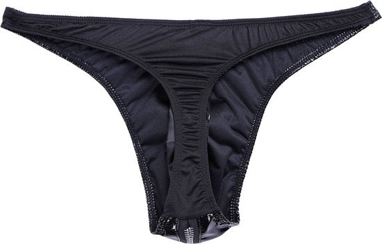 Heren Slip met Rits - Latex Look - String Zwart - Sexy Design - Mannen String - Ondergoed Maat M