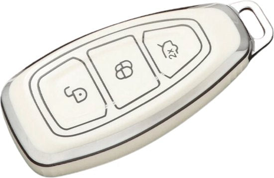 Zachte TPU Sleutelcover - Geschikt voor Ford Focus / Fiesta / Kuga / Fusion / Mondeo / Ecosport / ST - Wit Zilver Metallic - Sleutel Hoesje Cover - Randen Zilver - Auto Accessoires