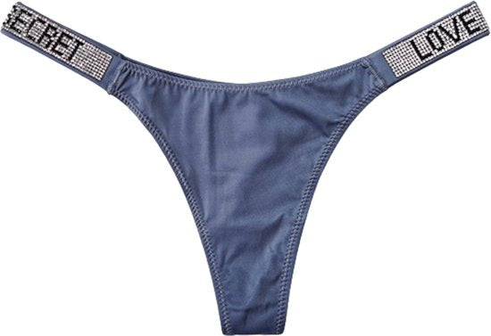 Love Secret String Blauw - Luxe Design met Diamantjes en Satijn - High Waist - Dames Lingerie / Ondergoed - Maat S