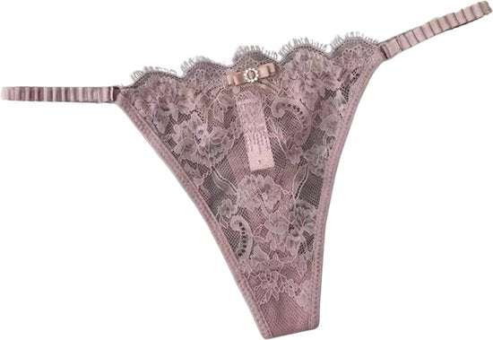Sexy Kanten String – Bruin - Lingerie met Kant, Strikje en Steentje – Verleidelijk en Comfortabel Dames Ondergoed - Slip / Onderbroek Voor Vrouwen - One Size