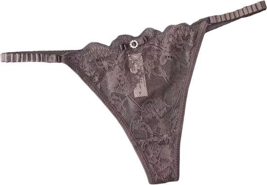 Sexy Kanten String – Paars - Lingerie met Kant, Strikje en Steentje – Verleidelijk en Comfortabel Dames Ondergoed - Slip / Onderbroek Voor Vrouwen - One Size