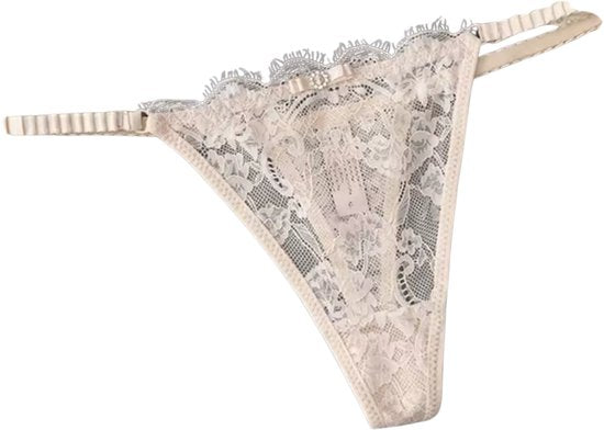 Sexy Kanten String – Beige - Lingerie met Kant, Strikje en Steentje – Verleidelijk en Comfortabel Dames Ondergoed - Slip / Onderbroek Voor Vrouwen - One Size