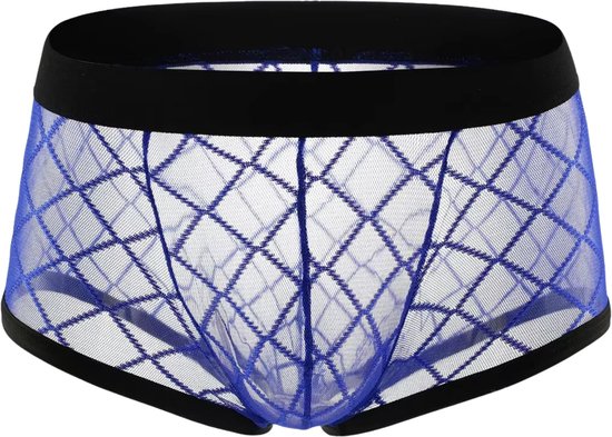 Heren Boxershort Transparant - Boxer Doorzichtig Donkerblauw - Sexy Transparant Design met Ruitmotief - Mannen Onderbroek - Lingerie Voor Mannen - Ondergoed Maat XL