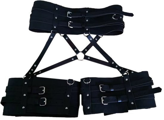 Sexy Zwart Harnas - Verstelbaar Tuigje met Brede Riemen voor Middel en Benen - Kunstleer Bondage Lingerie - Erotisch Sex Speeltje voor Mannen en Vrouwen - Sex Toys
