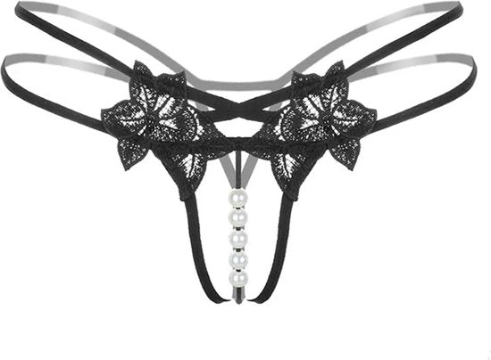 Sexy String met Parels - Kralen - Zwart - Erotisch Design met Bloemen - One Size String - Dames Onderbroek Open Kruis - Lingerie / Ondergoed
