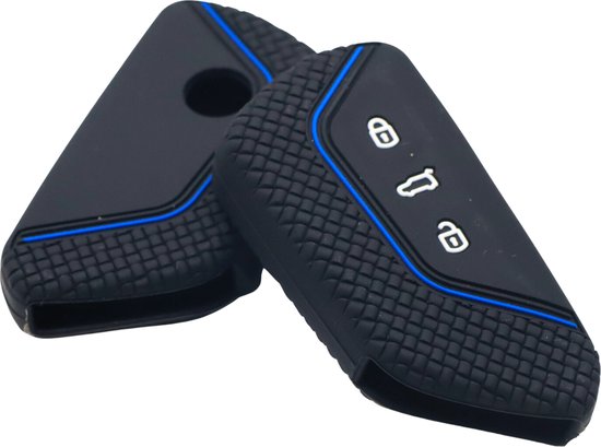 Zachte Siliconen Sleutelcover Sport - Sleutelhoesje Geschikt voor Volkswagen Golf 8 / ID3 / ID4 / ID5 / ID6 / Seat Leon 2020 / Skoda Octavia 2021 - Zwart Blauw - Sleutel Hoesje Cover - Auto Accessoires