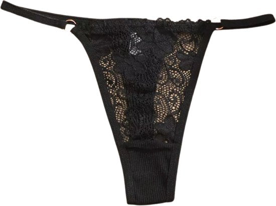 Sexy Dames String Zwart - Kant - 95% Katoen - Onderbroek Met Kanten Design - Dames Lingerie / Ondergoed - Maat L