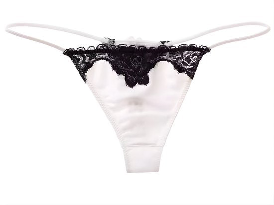 Sexy Dames String – Wit - Satijn &  Zwart Kant - Dunne Bandjes – Lingerie Voor Vrouwen - Comfortabel Ondergoed - Slip / Onderbroek - Maat M