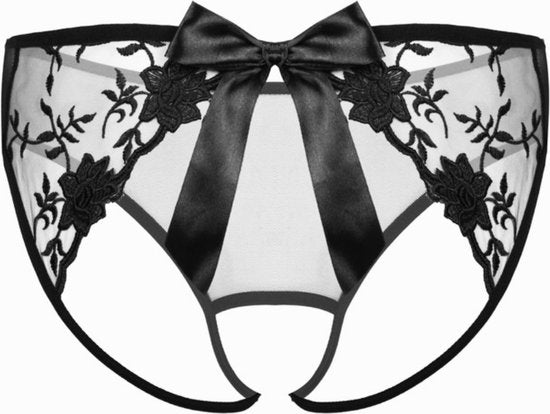 Sexy String met Open Achterkant - Zwart - Open Kruis - Erotisch Design met Kant en Strik - One Size - Dames String - Lingerie / Ondergoed