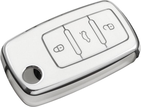 Zachte TPU Sleutelcover - Wit Zilver Metallic - Sleutelhoesje Geschikt voor Volkswagen Golf / Polo / Tiguan / Up / Passat / Seat Leon / Skoda Citigo - Sleutel Hoesje Cover - Randen Zilver - Auto Accessoires