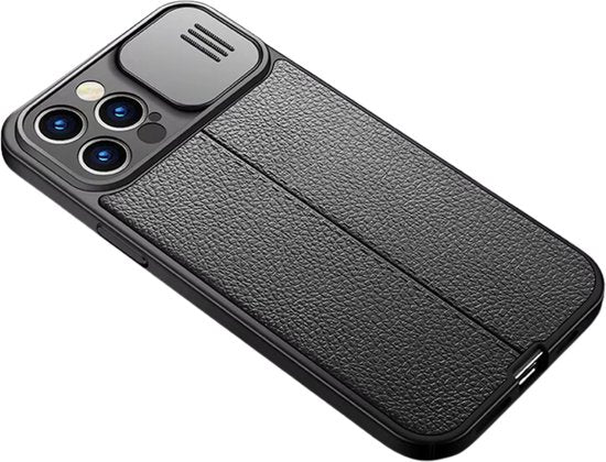 Valbestendig Telefoonhoesje - Geschikt voor Apple iPhone 14 Pro Max - Ultra Shockproof - Met Camera Slide Protector - Leer Look - Zwart - Met Extra Dikke Randen