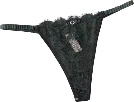 Sexy Kanten String – Donker Groen - Lingerie met Kant, Strikje en Steentje – Verleidelijk en Comfortabel Dames Ondergoed - Slip / Onderbroek Voor Vrouwen - One Size