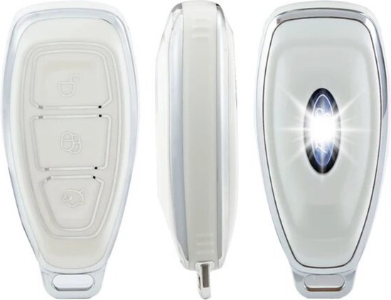 Zachte TPU Sleutelcover - Geschikt voor Ford Focus / Fiesta / Kuga / Fusion / Mondeo / Ecosport / ST - Wit Zilver Metallic - Sleutel Hoesje Cover - Randen Zilver - Auto Accessoires