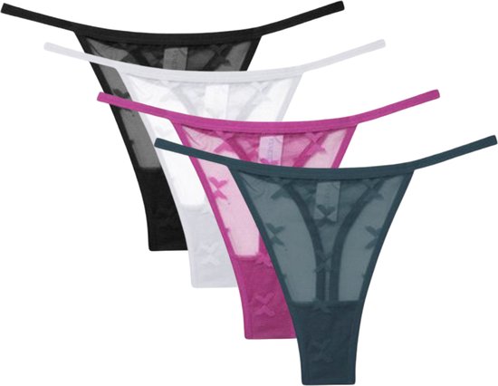 4 Pack - Luxe Dames String - Transparant - Zwart, Groen, Wit en Roze - Dames Lingerie / Ondergoed Set - Maat M