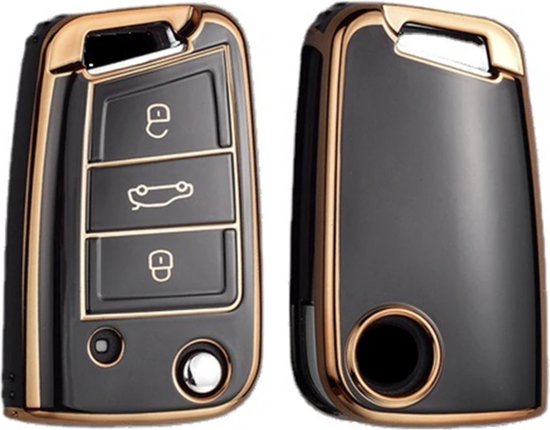 Zachte TPU Sleutelcover - Zwart Metallic - Sleutelhoesje Geschikt voor Volkswagen Golf / Tiguan - Seat Leon / Ateca / Ibiza - Skoda Kodiaq / Octavia / Karoq - Sleutel Hoesje Cover - Randen Goud - Auto Accessoires