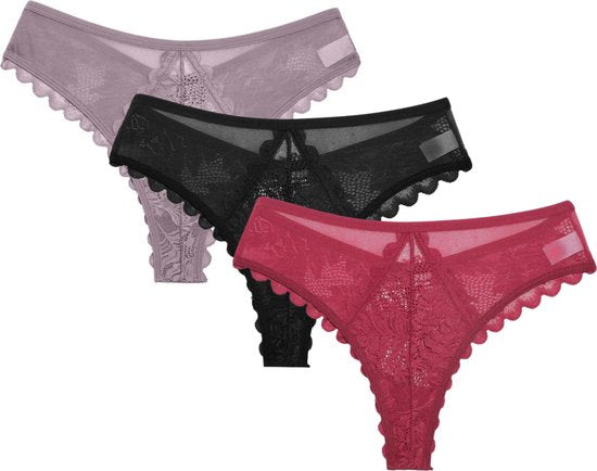 3 Pack - Sexy Brazilian Dames String - Kant - Rood, Nude en Zwart - Dames Lingerie / Ondergoed Set - Maat M