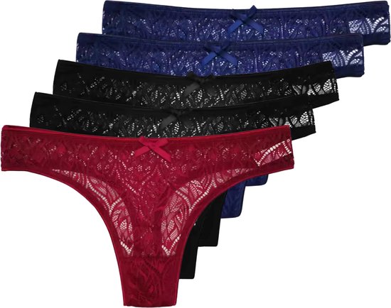 5 Pack - Kanten Strings Met Sexy Patroon – Plus Size – Verleidelijk en Comfortabel Dames Ondergoed - 2x Zwart, 2x Blauw en Rood - Onderbroeken / Slips Voor Vrouwen - Maat 4XL
