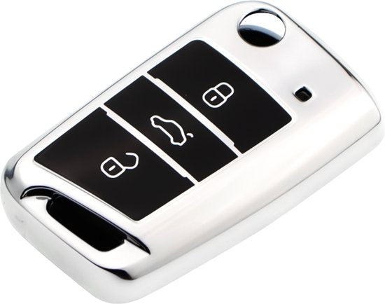 Zachte TPU Sleutelcover - Metallic Chroom Zilver - Sleutelhoesje Geschikt voor Volkswagen Polo / Golf / 2014 - 2021 / Seat Leon / Seat Ibiza / Golf GTI / Golf R / Golf 7 / Skoda - Sleutel Hoesje Cover - Auto Accessoires