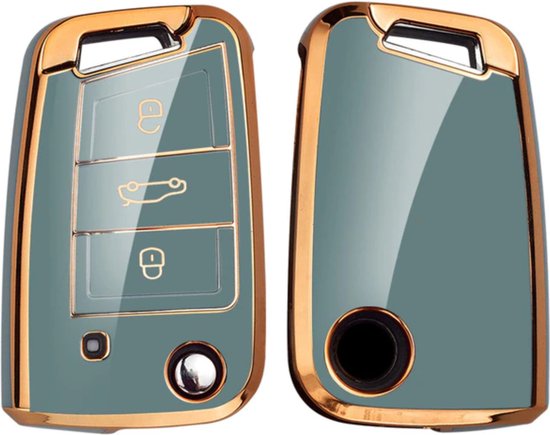 Zachte TPU Sleutelcover - Blauw & Goud Metallic - Sleutelhoesje Geschikt voor Volkswagen Golf / Tiguan - Seat Leon / Ateca / Ibiza - Skoda Kodiaq / Octavia / Karoq - Sleutel Hoesje Cover - Randen Goud - Auto Accessoires