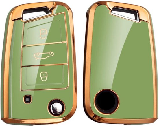 Zachte TPU Sleutelcover - Groen & Goud Metallic - Sleutelhoesje Geschikt voor Volkswagen Golf / Tiguan - Seat Leon / Ateca / Ibiza - Skoda Kodiaq / Octavia / Karoq - Sleutel Hoesje Cover - Randen Goud - Auto Accessoires