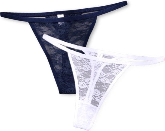 Luxe Dames String - 2 Pack met Wit & Blauw - Dames Lingerie / Ondergoed Set - Maat M
