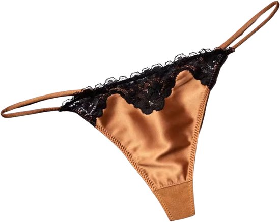 Sexy Dames String – Oranje - Satijn &  Zwart Kant - Dunne Bandjes – Lingerie Voor Vrouwen - Comfortabel Ondergoed - Slip / Onderbroek - Maat L