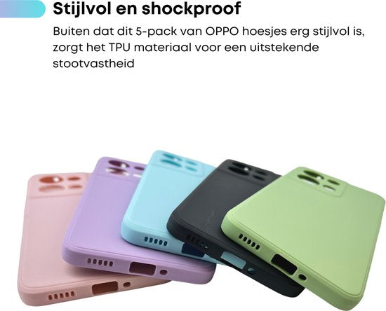 5 Pack - Hoesje Geschikt voor OPPO Reno 8 - 5x Siliconen Shock Proof Case - OPPO Reno8 - Stevige TPU Cover - Multipack met Groen, Zwart, Blauw, Roze en Paars