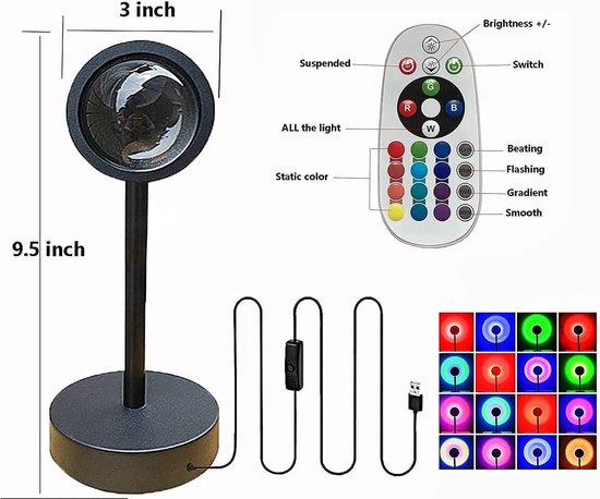 Sunset lamp - 16 kleuren - Projector lamp - Afstandsbediening - remote control - Zonsopgang - zonsondergang - Led Lamp - Sfeer verlichting - Zacht licht - summervibes