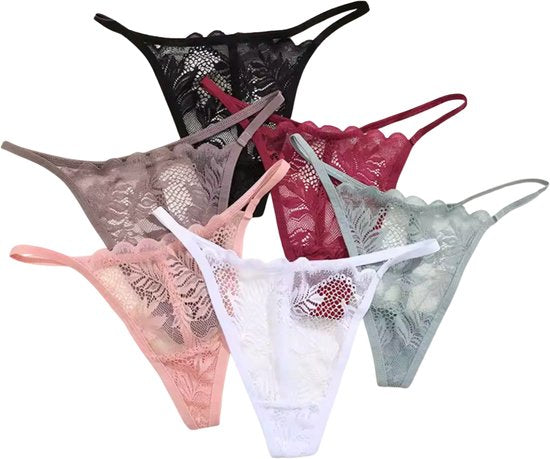 6 Pack Kanten Strings – Zachte, Sexy & Comfortabele Lingerie – Dames Ondergoed - Onderbroeken en Slips Voor Vrouwen - Zwart / Wit / Groen / Rood / Taupe / Roze - Maat S