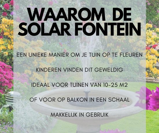 Solar Fontein - met een diameter van ca 16 cm – werkt op Zonne-energie - voor in de tuin of op balkon – geschikt voor in een vijver of waterschaal - drijvende fontein zonder snoer - alleen voor buiten