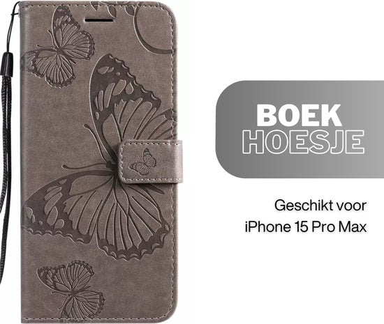 Hoesje Vlinders Grijs - Geschikt voor Apple iPhone 15 Pro Max  - Portemonnee Book Case - Boekje Met Kaarthouder / Pasjeshouder en Magneetsluiting - Booklet Beschermhoes - Boekhoesje met Draagkoord