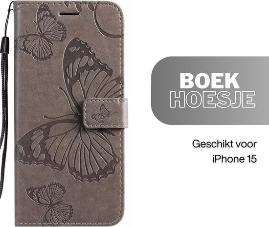 Hoesje Vlinders Grijs - Geschikt voor Apple iPhone 15  - Portemonnee Book Case - Boekje Met Kaarthouder / Pasjeshouder en Magneetsluiting - Booklet Beschermhoes - Boekhoesje met Draagkoord
