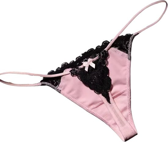 Sexy Dames String – Licht Roze - Satijn &  Zwart Kant - Dunne Bandjes – Lingerie Voor Vrouwen - Comfortabel Ondergoed - Slip / Onderbroek - Maat L
