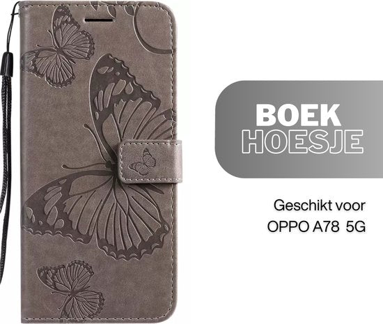 Hoesje Vlinders Grijs - Geschikt voor OPPO A78 5G - Portemonnee Book Case - Boekje Met Kaarthouder / Pasjeshouder en Magneetsluiting - Booklet Beschermhoes - Boekhoesje met Draagkoord