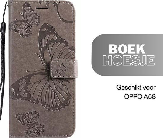 [EOL] Hoesje Vlinders Grijs - Geschikt voor OPPO A58 - Portemonnee Book Case - Boekje Met Kaarthouder / Pasjeshouder en Magneetsluiting - Booklet Beschermhoes - Boekhoesje met Draagkoord