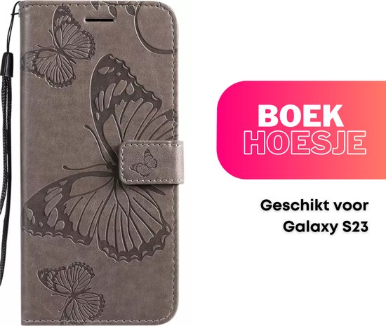 [EOL] Hoesje Vlinders Grijs - Geschikt voor Samsung Galaxy S23 - Portemonnee Book Case - Boekje Met Kaarthouder / Pasjeshouder en Magneetsluiting - Booklet - Wallet Beschermhoes - Telefoonhoesje