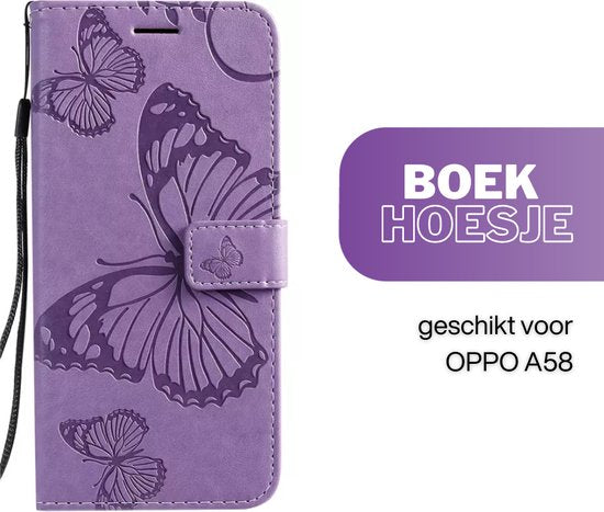 [EOL] Hoesje Vlinders Paars - Geschikt voor OPPO A58 - Portemonnee Book Case - Boekje Met Kaarthouder / Pasjeshouder en Magneetsluiting - Booklet Beschermhoes