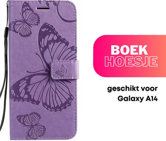 Hoesje Vlinders Paars - Geschikt voor Samsung Galaxy A14  - Portemonnee Book Case - Boekje Met Kaarthouder / Pasjeshouder en Magneetsluiting - Booklet - Wallet Beschermhoes - Telefoonhoesje