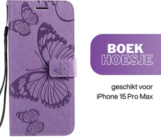 Hoesje Vlinders Paars  - Geschikt voor Apple iPhone 15 Pro Max - Portemonnee Book Case - Boekje Met Kaarthouder / Pasjeshouder en Magneetsluiting - Booklet Beschermhoes - Boekhoesje met Draagkoord