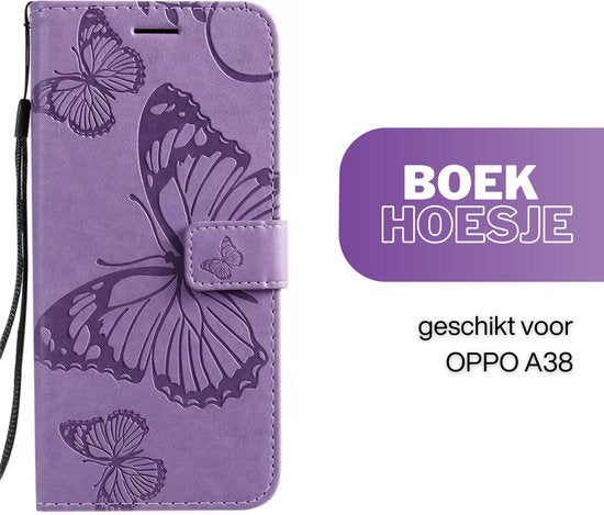 [EOL] Hoesje Vlinders Paars - Geschikt voor OPPO A38  - Portemonnee Book Case - Boekje Met Kaarthouder / Pasjeshouder en Magneetsluiting - Booklet Beschermhoes