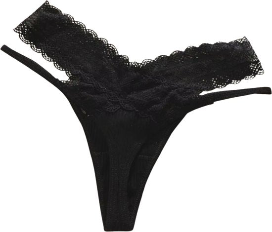 [EOL] 3 Pack - Sexy Dames String met Kant - Zwart - High Waist Slip - Vrouwen Lingerie / Ondergoed - Maat XL