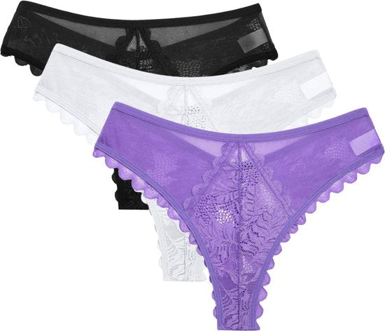 3 Pack - Sexy Brazilian Dames String - Kant - Paars, Wit en Zwart - Dames Lingerie / Ondergoed Set - Maat L