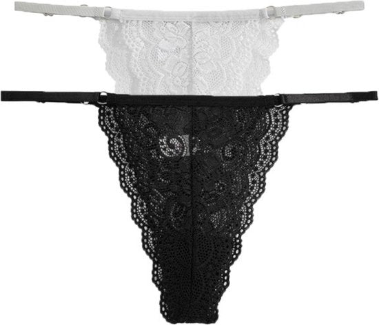 Luxe Dames String met Kant - 2 Stuks - Wit & Zwart - Intieme Lingerie Dames / Ondergoed Set Vrouw - High Waist - Maat M