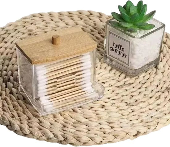 Luxe Wattenstaafhouder met Bamboe Deksel - Opbergdoos voor Wattenstaafjes - Inclusief 400 Wattenstaafjes - Wattenstaaf Dispenser - Stijlvolle Badkamer Accessoire
