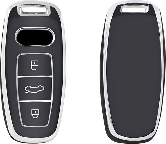 Zachte TPU Sleutelcover - Sleutelhoesje Geschikt voor Audi A3 / A4 / B9 / A6 / C8 / A7 / S7 / 4K / A8 / D5 / S8 / Q7 / Q8 / SQ8 / E-tron / 2018 / 2019 / 2020 / 2021 / 2022  - Zwart met Zilver - Key Cover - Auto Accessoires